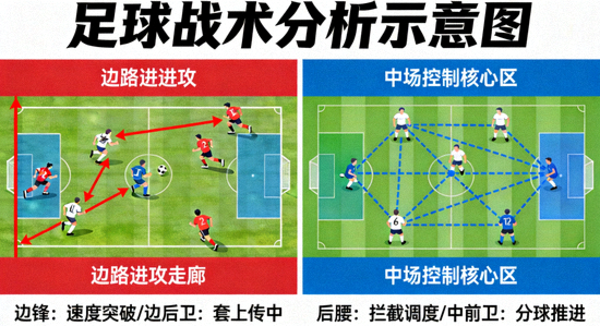足球战术分析示意图，展示边路进攻与中场控制